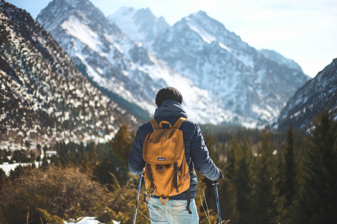 Man facing the alps while on a hike